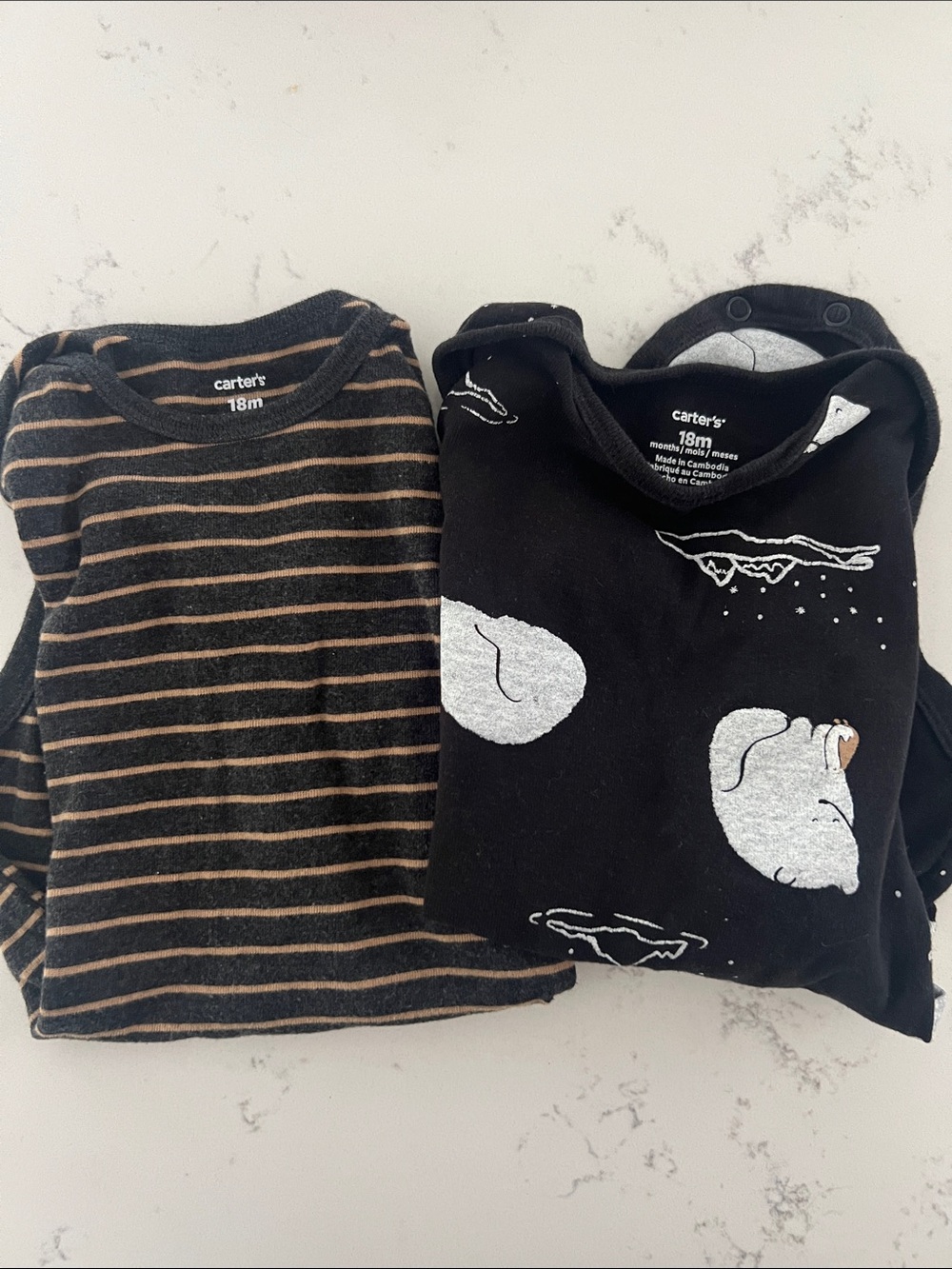 Carter's Black Long-Sleeve Tees with Brown Stripes & White Bear Prints